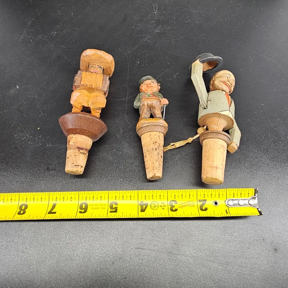 Bottle Stoppers Set of 3 Vintage Black Forest Hand Carved Wood Folk Art